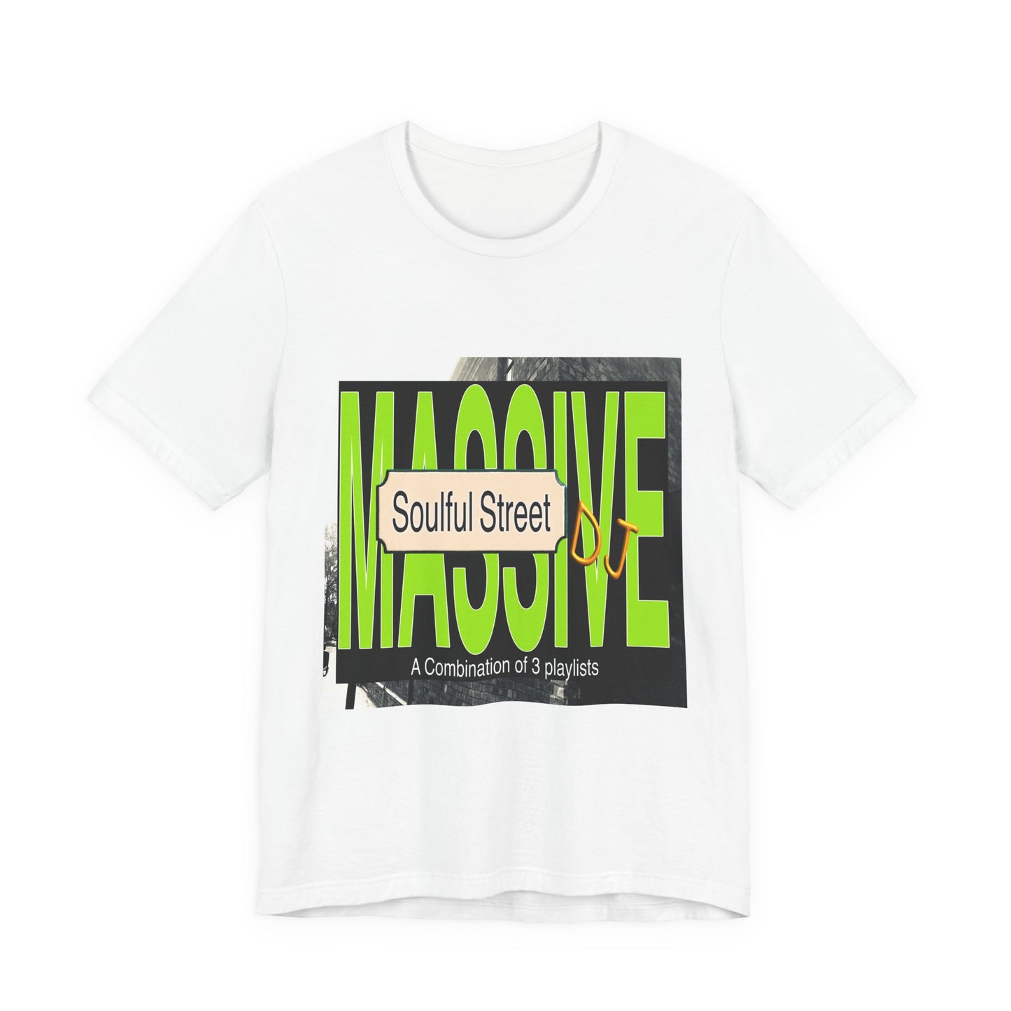 White t-shirt with 'MASSIVE' and 'Soulful Street' text design on a white background