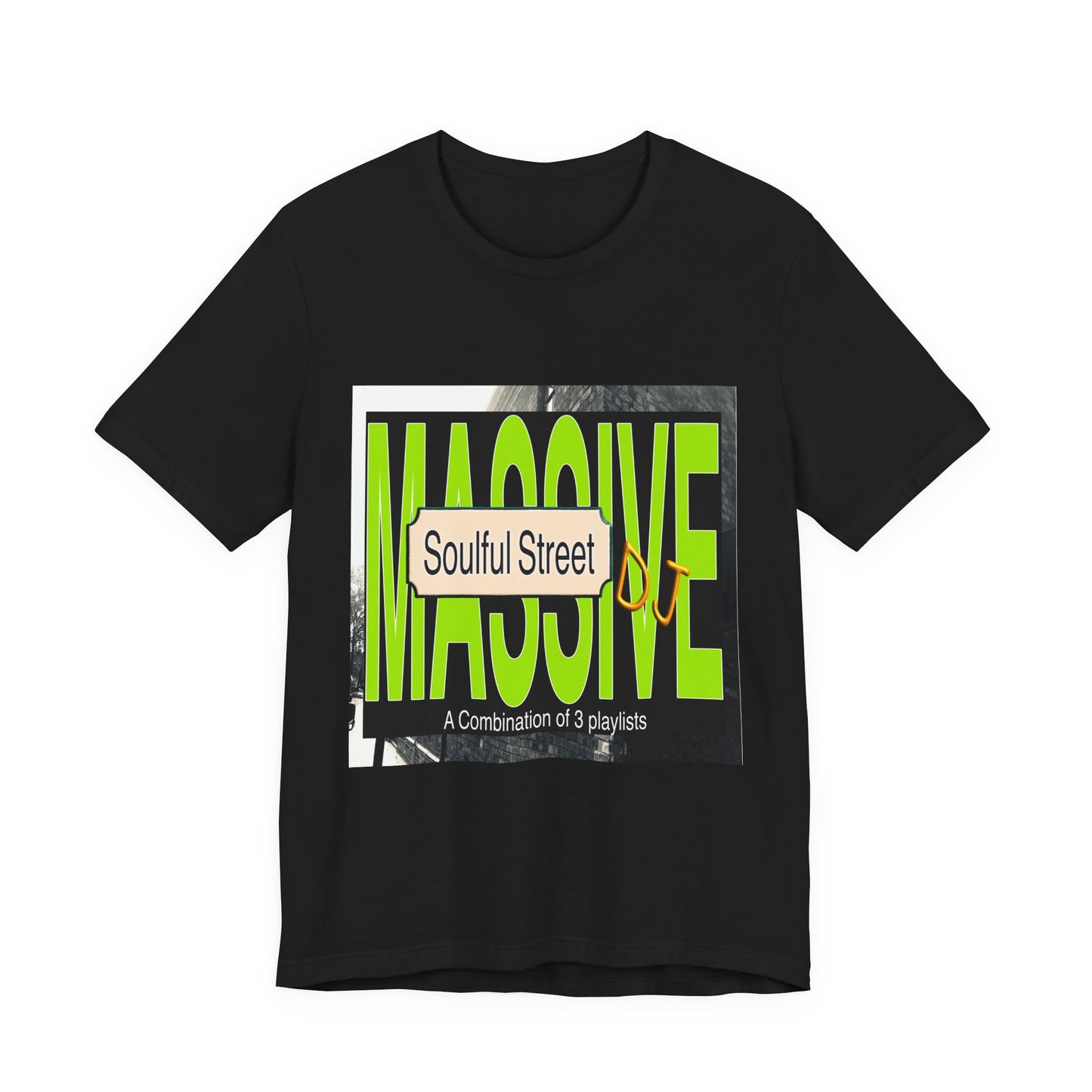 Black t-shirt with green and white text design on a white background