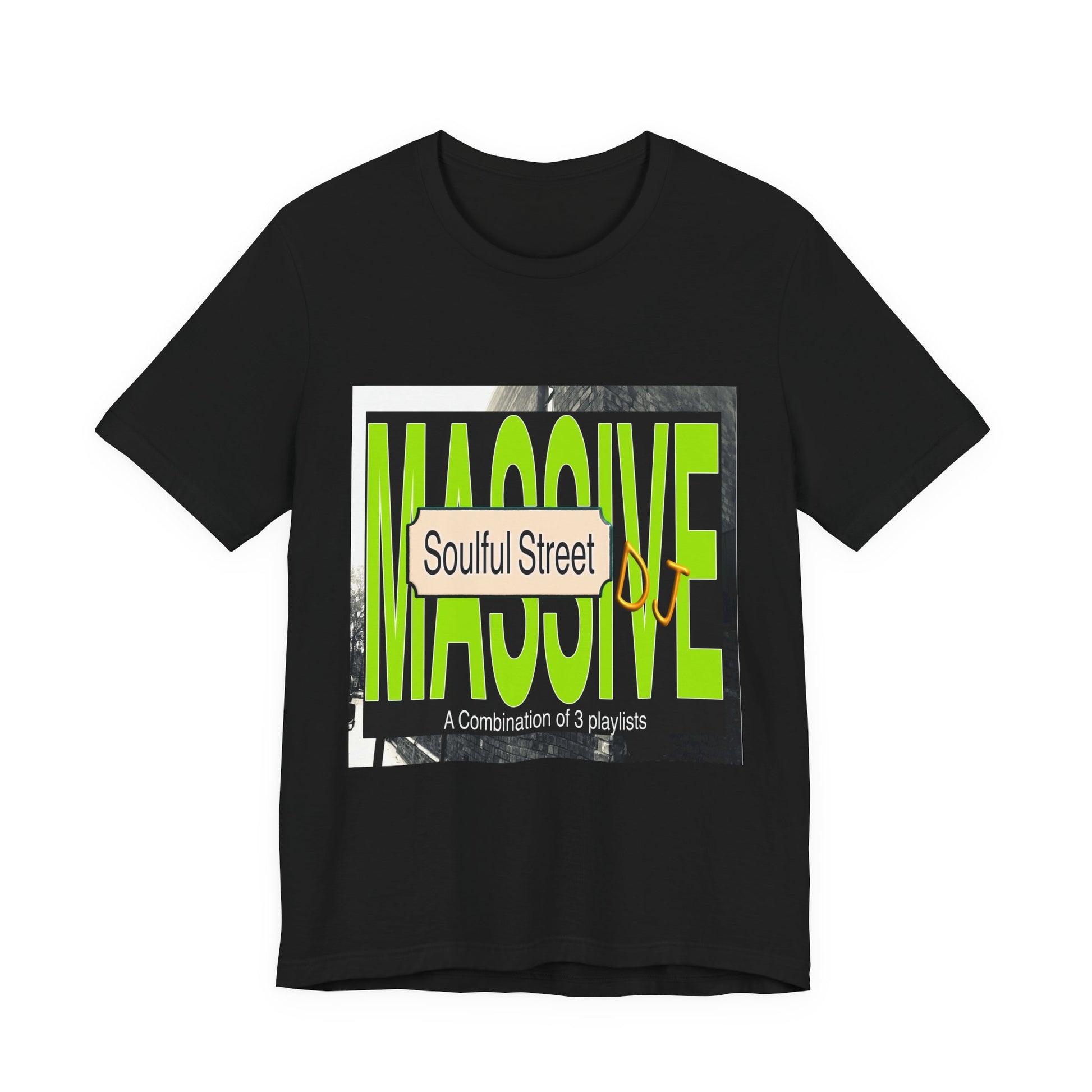 Black t-shirt with green and white text design on a white background