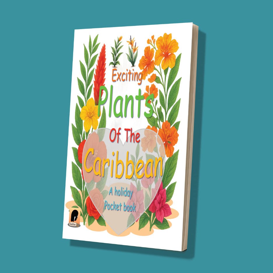 Book cover of 'Exciting Plants of the Caribbean' with colorful plants and text on a teal background