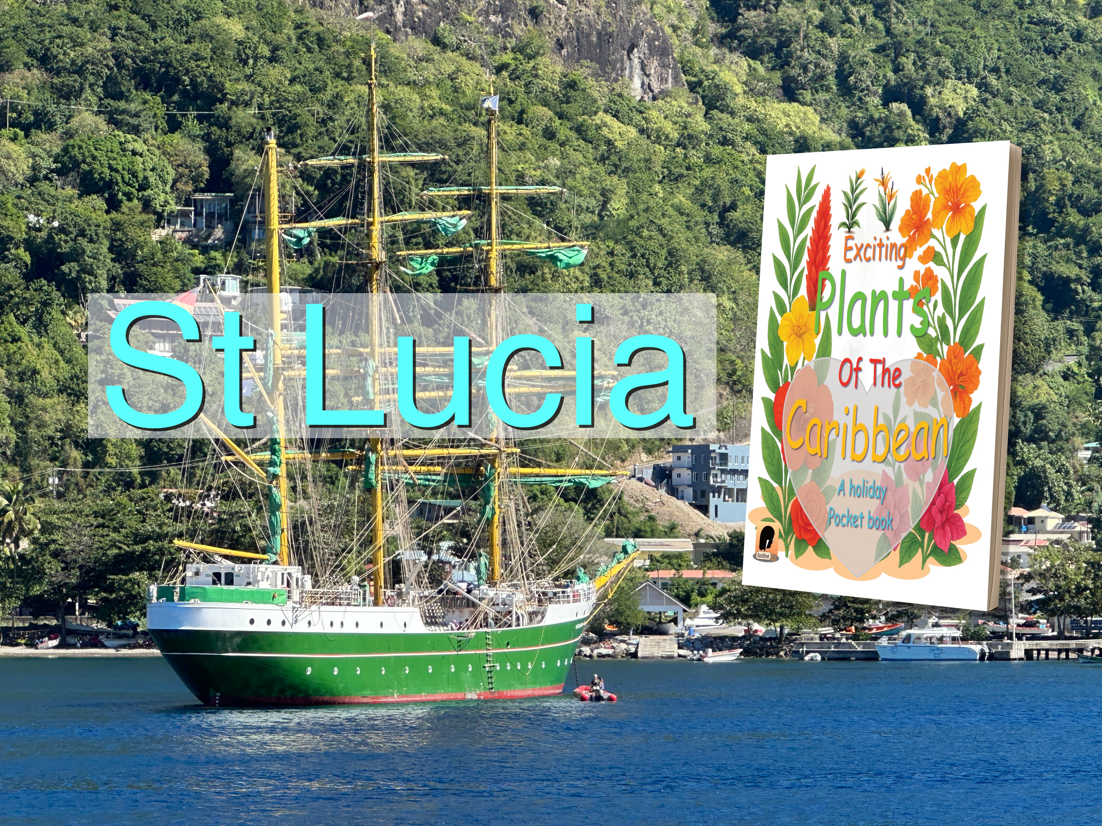 Sailing ship on water with 'St Lucia' text and 'Exciting Plant of the Caribbean' book cover in the background.